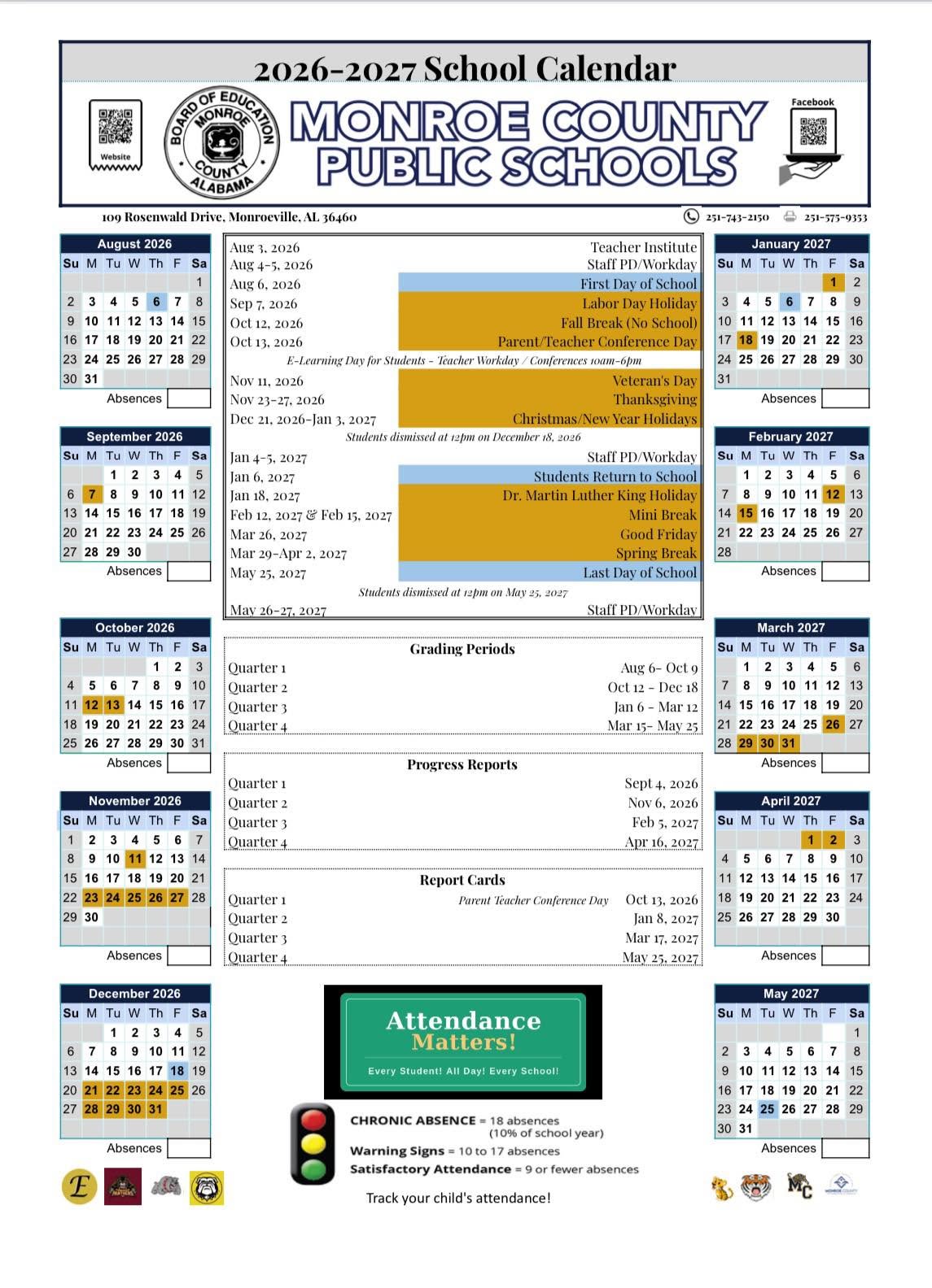 Monroe County School Calendar 2026-2027